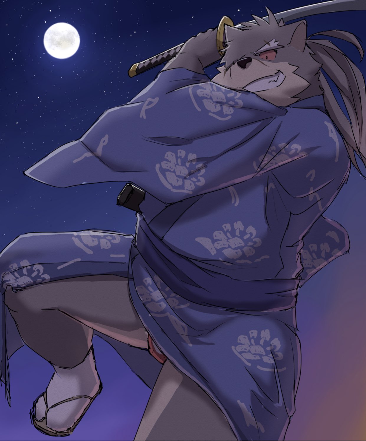anthro asian_clothing canid canine canis clothing domestic_dog east_asian_clothing footwear fundoshi grin hair hi_res japanese_clothing katana kimono lifewonders long_hair male mammal melee_weapon moon night ponytail samurai sandals scar shino_(housamo) smile solo suro964708 sword tokyo_afterschool_summoners underwear video_games warrior weapon