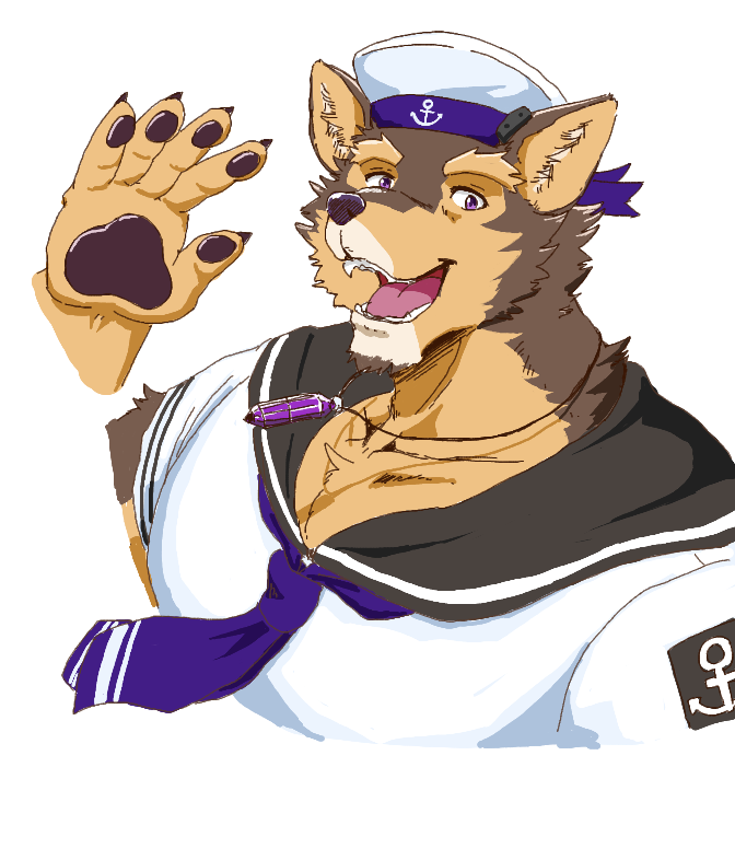 anthro brown_body brown_fur canid canine canis crystal domestic_dog fur gesture jewelry lifewonders live-a-hero male mammal muscular muscular_anthro muscular_male necklace pawpads pubraseer run_aki sailor_hat sailor_uniform smile solo video_games waving