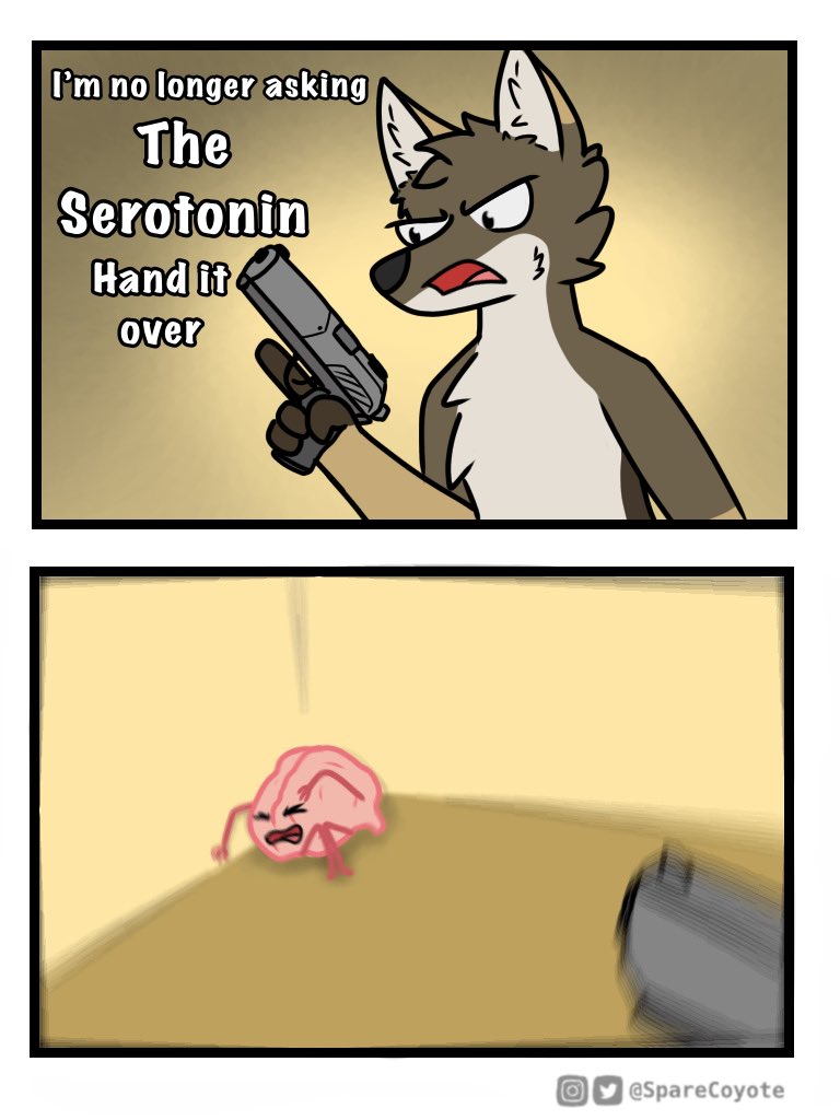 2021 3:4 anthro brain brown_body brown_fur canid canine canis comic coyote dialogue english_text fur gun holding_gun holding_object holding_weapon humor mammal open_mouth organs ranged_weapon spare_(sparecoyote) sparecoyote text weapon