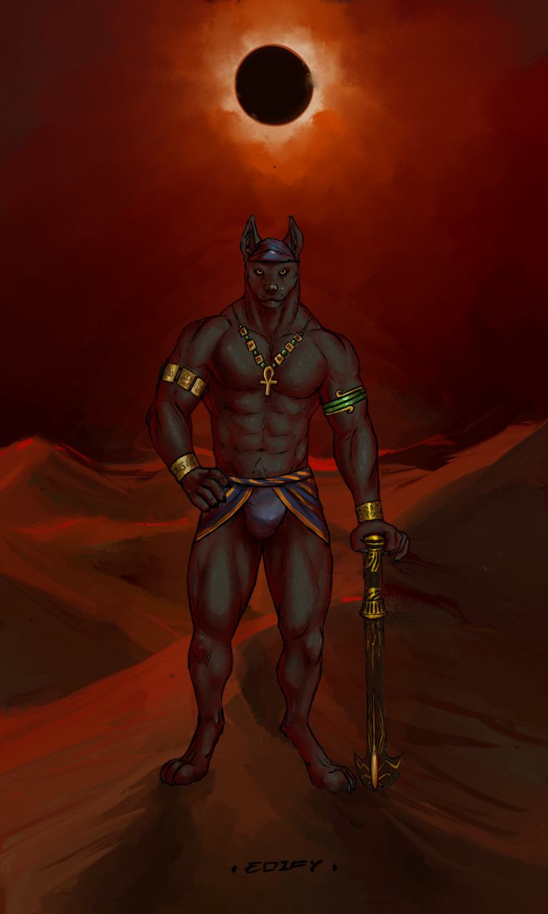 3:5 abs anthro anubian_jackal black_body black_fur black_sclera bottomwear bracelet bulge canid canine canis clothing desert eclipse edify forearm_bracelet forearms fur hand_on_hip hi_res jackal jewelry loincloth looking_at_viewer male mammal muscular muscular_anthro muscular_male navel necklace outside pecs solar_eclipse solo staff standing wrist_cuff yellow_eyes