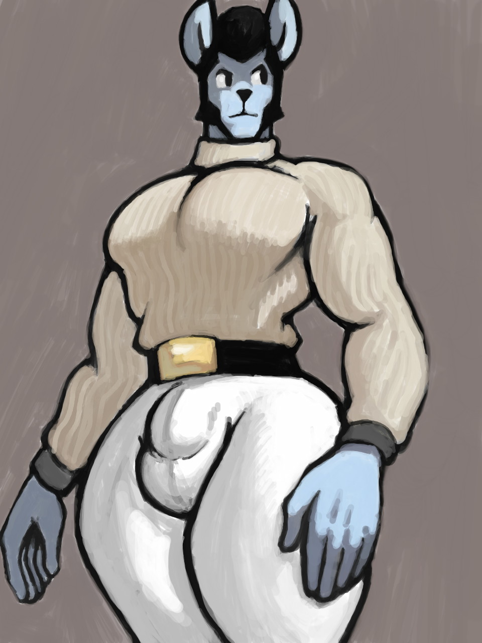 3:4 anthro balls_outline belt big_pecs biped black_hair blue_body blue_skin bulge canid canine canis clothed clothing ears_up genital_outline hair hi_res in j_(oc) jackal jojobiz looking_away male mammal muscular muscular_male pecs penis_outline pompadour simple_background solo standing thick_thighs