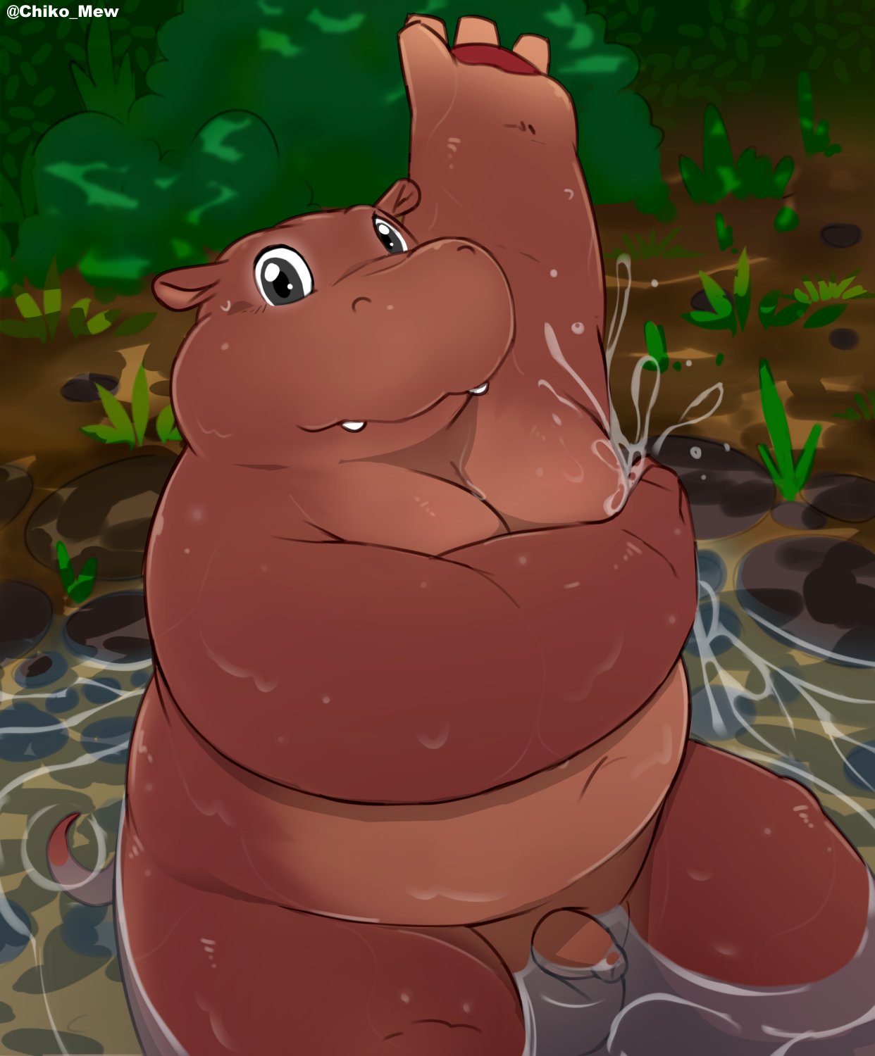 anthro balls bathing belly brown_body chiko_mew common_hippopotamus flaccid foreskin fupa genitals hi_res hippopotamid male mammal moobs navel nude overweight penis solo water wet