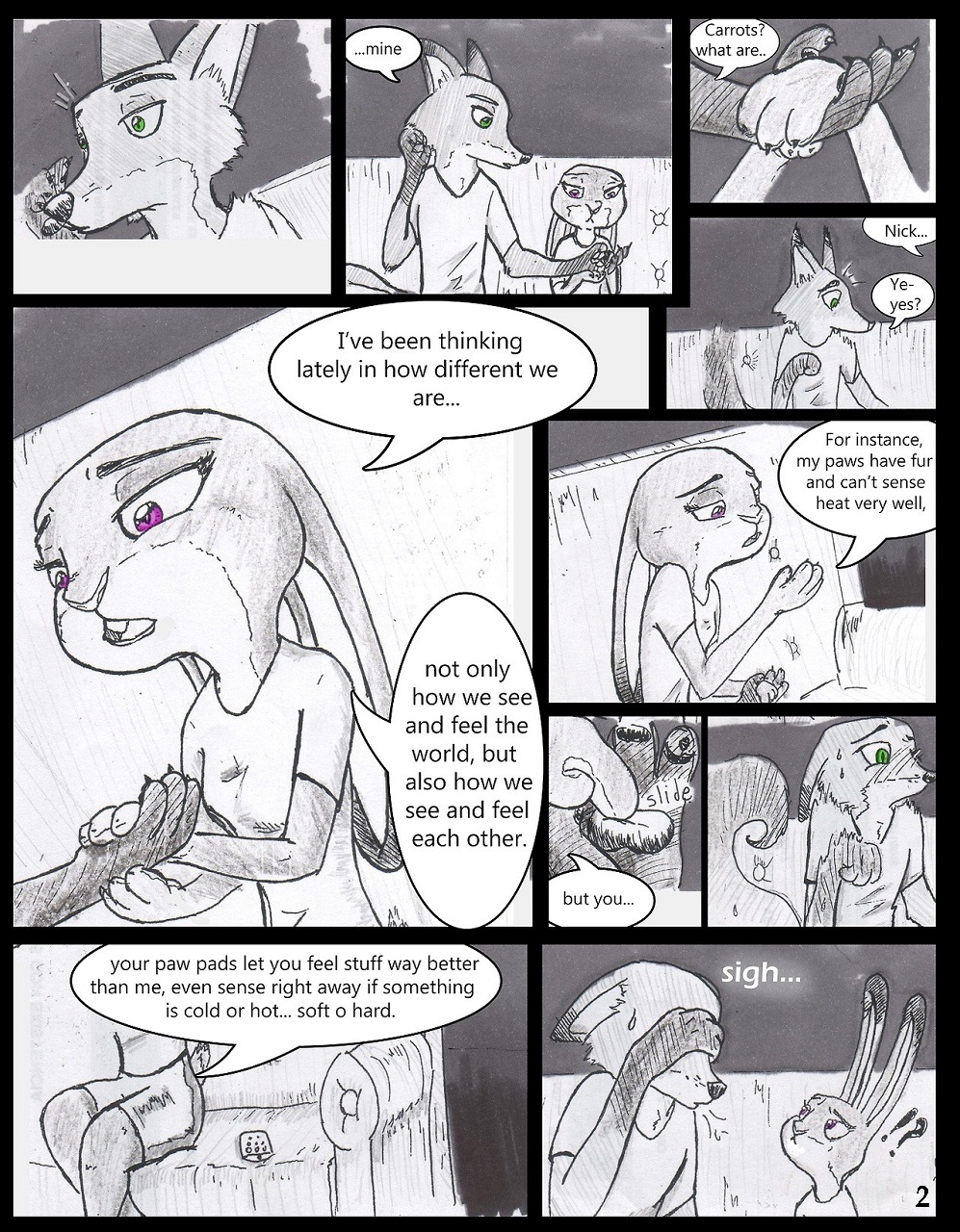 ! ? anthro black_border border breasts buckteeth canid canine clothed clothing comic controller dialogue dipstick_ears disney duo english_text female fox fur furniture gloves_(marking) green_eyes hi_res judy_hopps lagomorph leporid male male/female mammal markings multicolored_ears nick_wilde open_mouth purple_eyes rabbit remote_control sofa teeth text the_gory_saint zootopia