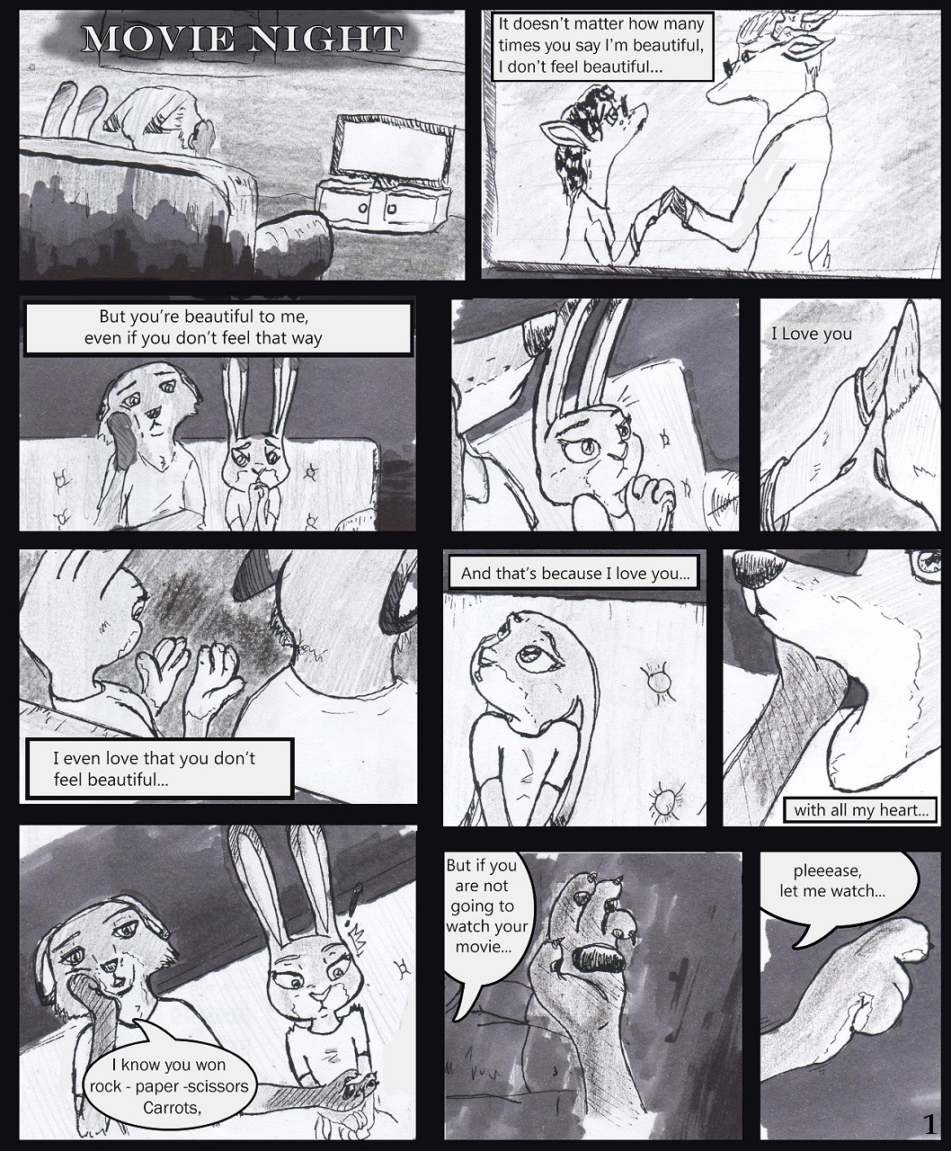anthro canid canine clothed clothing comic dialogue dipstick_ears disney english_text eyewear female fox furniture glasses group hi_res hooves horn judy_hopps lagomorph leporid male male/female mammal multicolored_ears nick_wilde pawpads rabbit sofa television text the_gory_saint watching_tv zootopia