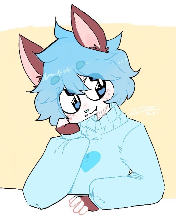 anthro awkwardjupiter blue_eyes blue_hair canid canine canis clothing domestic_dog garreth_(thedgamesd) girly hair head_on_hand husky male mammal nordic_sled_dog soft solo spitz sweater topwear