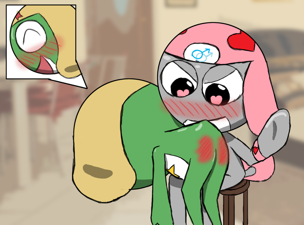 amphibian bent_over blush butt butt_focus duo eyes_closed fan_character gender_symbol keatonkitsune keronian keroro looking_at_butt looking_pleasured male male/male male/male_symbol male_symbol on_lap over_knee presenting presenting_hindquarters reddened_butt sexuality_symbol sgt._frog smile spanked_butt spanking symbol