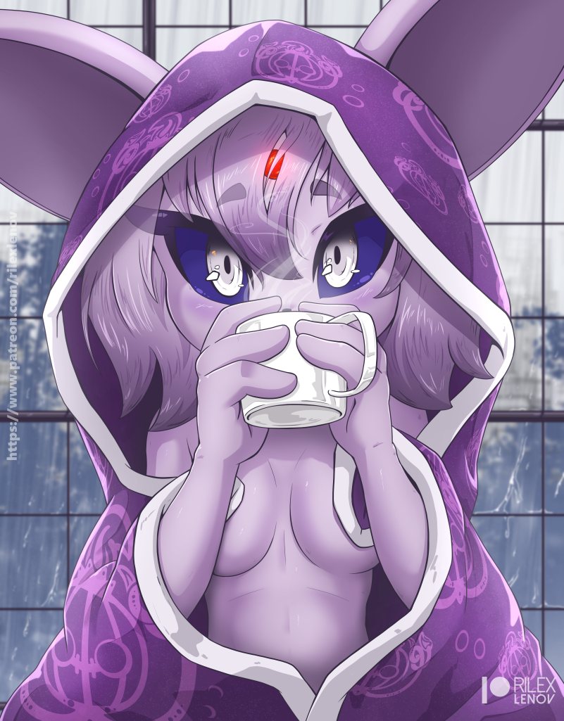 anthro anthrofied bedding blanket blue_sclera chandelure container cup eeveelution espeon female forehead_gem looking_at_viewer nintendo nude pok&eacute;mon pok&eacute;mon_(species) pok&eacute;morph raining rilex_lenov solo steam video_games