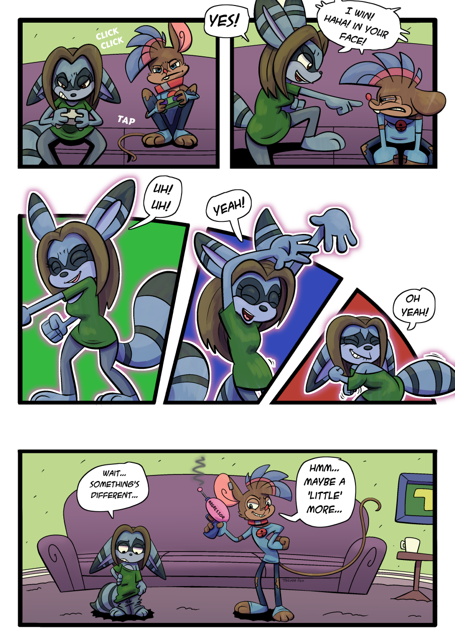 age_regression carpet comic container cup dialogue furniture gaming hi_res hybrid mammal mouse murid murine picture_frame procyonid raccoon rodent sofa text trevor-fox trevor-fox_(character)