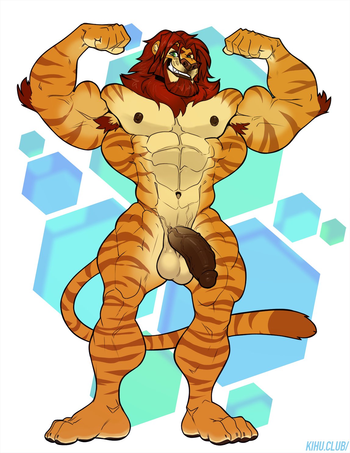 2021 abs abstract_background anthro arm_tuft armpit_hair balls bangs barazoku beard biceps big_muscles body_hair eyebrows facial_hair felid flaccid flexing front_view fur genitals hi_res huge_muscles humanoid_genitalia humanoid_penis hybrid kihu liger lion looking_at_viewer male mammal mane muscular muscular_anthro muscular_male navel nipples nude obliques pantherine pecs penis quads simple_background smile solo standing stripes tiger tuft vein
