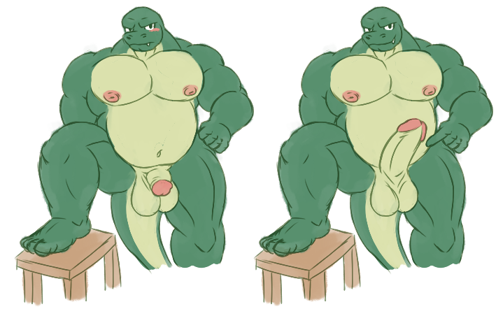 anthro augensinum dozer_(extracurricular_activities) extracurricular_activities genitals green_body green_skin komodo_dragon lizard male monitor_lizard multicolored_body multicolored_skin musclegut muscular overweight overweight_male penis reptile scalie solo two_tone_body two_tone_skin