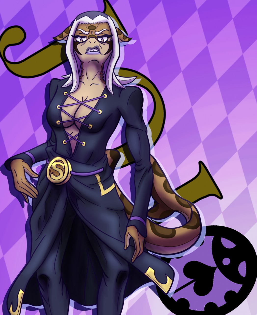 anthro black_bottomwear black_clothing black_pants bottomwear breasts cleavage clothed clothing cosplay dregadude dyed-hair eyeshadow female fin fish frown gills ground_shark hi_res highlights_(coloring) jacket_around_waist jojo's_bizarre_adventure leone_abbacchio leopard_shark logo looking_at_viewer makeup marine medal pants scalie scowl shark solo string triakid