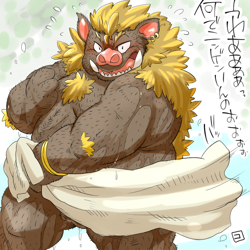 1:1 2014 anthro balls barely_visible_balls barely_visible_genitalia belly biped blush genitals japanese_text kemono male mammal overweight overweight_male solo suid suina sus_(pig) text totemoii_029 towel wild_boar