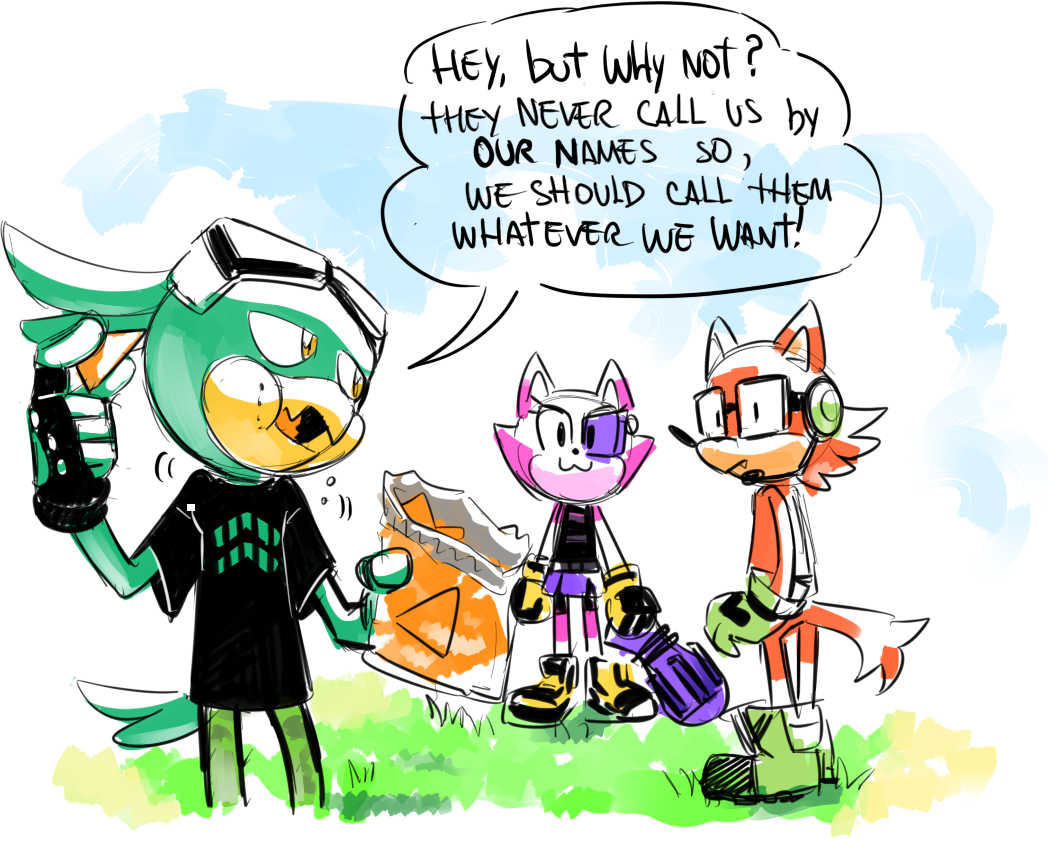 :3 anthro armor avian beak bird black_clothing black_nose black_shirt black_topwear bottomwear camo camo_bottomwear camo_clothing camo_pants camo_print canid canine canis cat_smile chips_(food) clothed clothing comic corvin_the_bird custom_character_(sonic_forces) dialogue digital_media_(artwork) domestic_cat drawloverlala english_text eyewear eyewear_on_head felid feline felis female food footwear front_view fuchsia_the_cat fur gadget_the_wolf gesture glasses gloves goggles goggles_on_head grass green_body green_clothing green_footwear green_gloves green_handwear green_shoes group gun handwear headgear headpiece holding_object holding_weapon male mammal pants pattern_bottomwear pattern_clothing pattern_pants pink_body pink_fur plant purple_bottomwear purple_clothing purple_skirt ranged_weapon red_body red_fur sega shirt shoes side_view simple_background skirt sky smile snaggle_tooth sonic_forces sonic_the_hedgehog_(series) spats standing text topwear video_games weapon wolf yellow_clothing yellow_footwear yellow_gloves yellow_handwear yellow_shoes