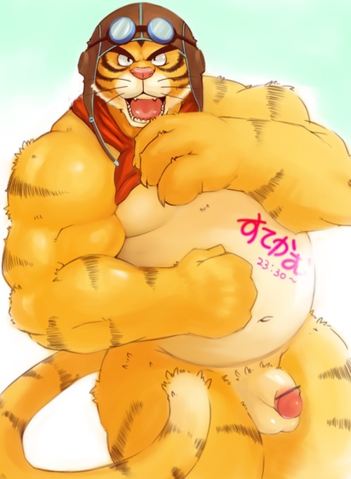2010 anthro balls belly biped clothing felid flaccid genitals hat headgear headwear humanoid_genitalia humanoid_hands humanoid_penis japanese_text kemono male mammal moobs navel overweight overweight_male pantherine penis simple_background solo text tiger unknown_artist