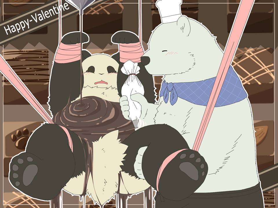 2013 4:3 anthro bdsm black_body black_fur black_nose bondage bound candy chef_hat chocolate clothing dessert duo food food_fetish food_play fur giant_panda hat headgear headwear holidays humanoid_hands kemono kumao mammal panda-kun polar_bear shirokuma shirokuma_cafe slightly_chubby ursid ursine valentine's_day white_body white_fur