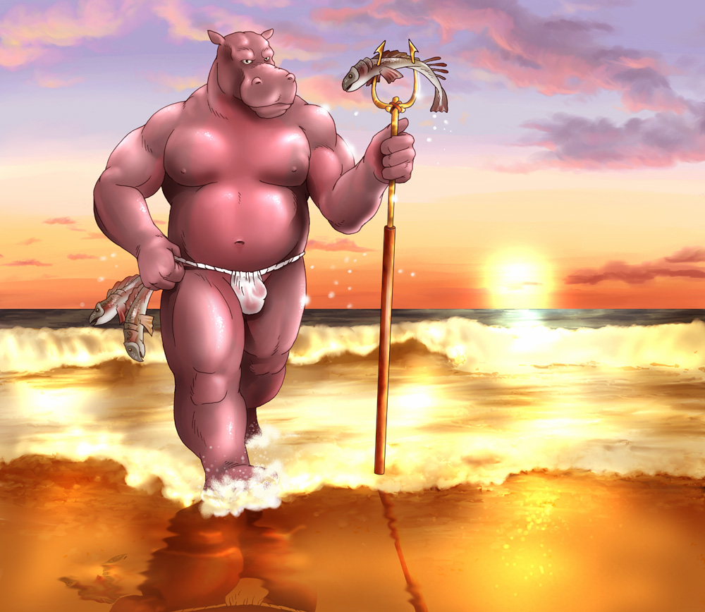 anthro asian_clothing bulge clothing common_hippopotamus east_asian_clothing fish fishing fundoshi genitals hippopotamid japanese_clothing looking_at_viewer male mammal marine musclegut muscular penis slightly_chubby solo translucent underwear unknown_artist wet wet_clothing