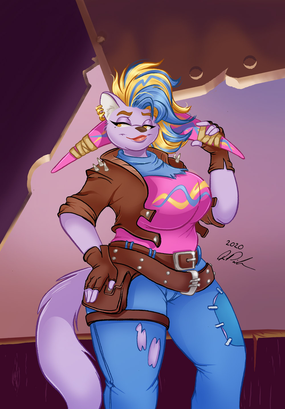 activision anthro big_breasts boomerang breasts cosplay crash_bandicoot_(series) domestic_cat felid feline felis female hair hi_res mammal multicolored_hair parody peterandwhitney pinup pirate_tawna pose slightly_chubby solo video_games whitney_(pnc)