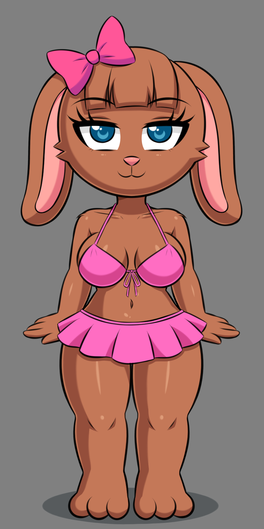 1:2 anthro barefoot breasts brown_body brown_fur brown_rabbit_(huitu_c) clothed clothing eyelashes feet female front_view fur hi_res huitu_c lagomorph leporid long_ears looking_at_viewer mammal rabbit simple_background solo standing swimwear thick_thighs