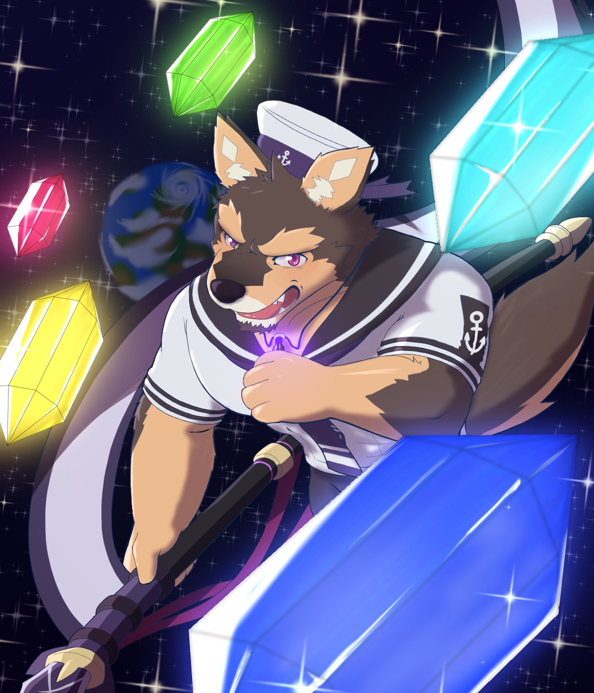 anthro brown_body brown_fur canid canine canis crystal domestic_dog flag fur hi_res jewelry lifewonders live-a-hero male mammal necklace pubraseer purple_eyes sailor_hat sailor_uniform shi_ba_ki_chi sky solo space star starry_sky video_games