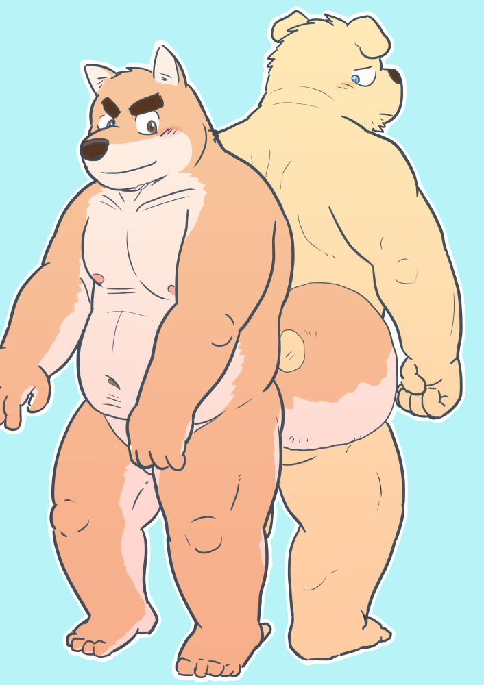 2015 anthro balls barely_visible_balls barely_visible_genitalia belly black_nose blue_background blush brown_body canid canine canis domestic_dog duo genitals kemono kick_(artist) male mammal moobs navel nipples overweight overweight_male simple_background