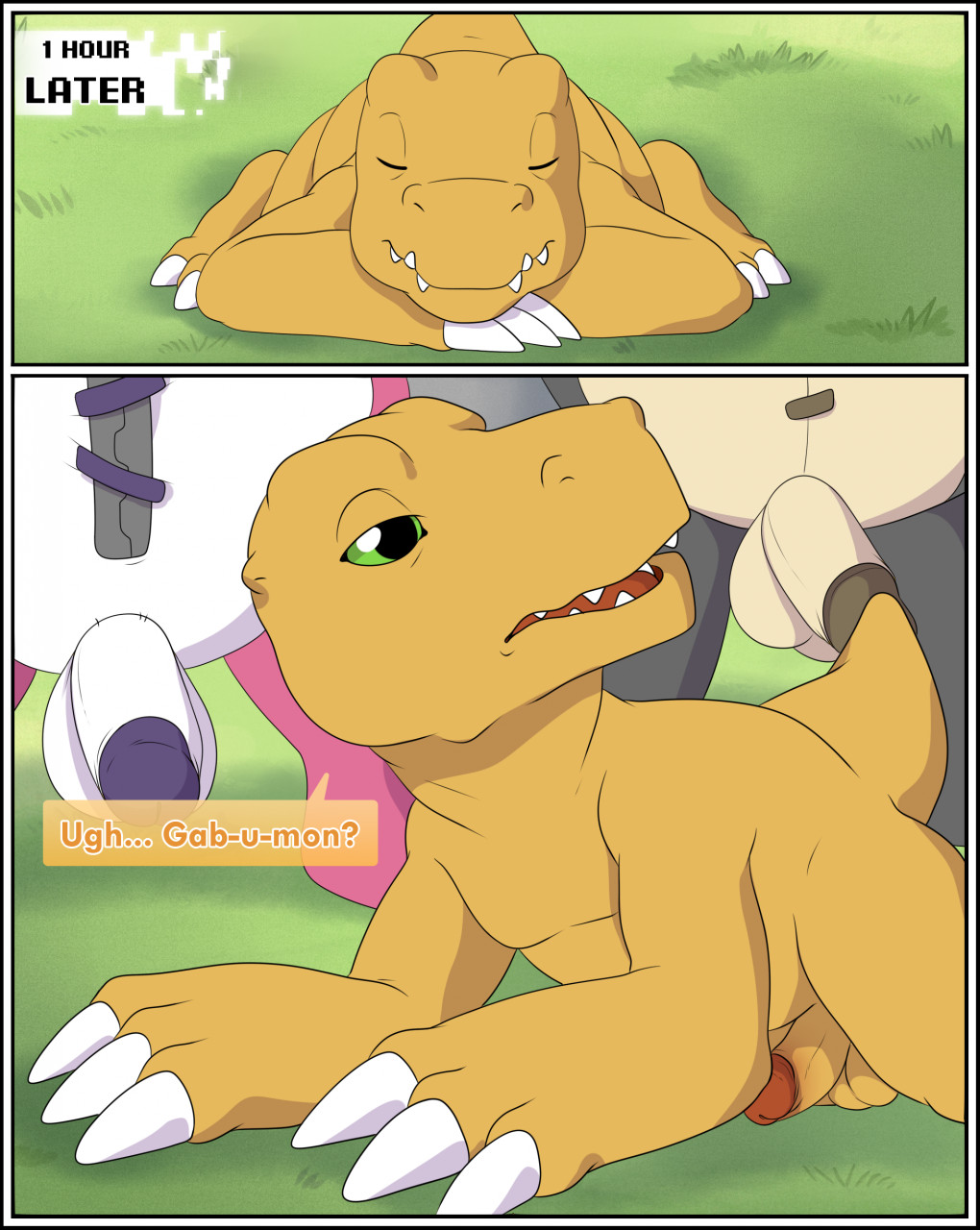 agumon anthro balls bandai_namco comic dialogue digimon digimon_(species) dinosaur english_text erection extyrannomon genitals green_eyes group hi_res humanoid_genitalia humanoid_penis klotzzilla male penis plushie reptile scalie sleeping teddy_bear text warumonzaemon