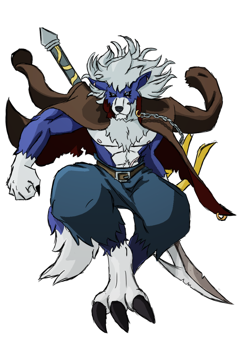 3_toes abs alpha_channel anthro bancholeomon banchowollviehmon bandai_namco belt blue_body blue_fur bluewollvieh bottomwear canid canine canis chain chest_tuft claws cloak clothed clothing digimon digimon_(species) digitigrade dipstick_tail feet finger_claws fur gloves_(marking) grey_body grey_fur grey_hair hair hi_res hybrid jumping lance leg_markings male mammal mane markings multicolored_tail muscular muscular_male nipples pants scar socks_(marking) solo tail_markings toe_claws toes tuft weapon white_body white_fur wolf