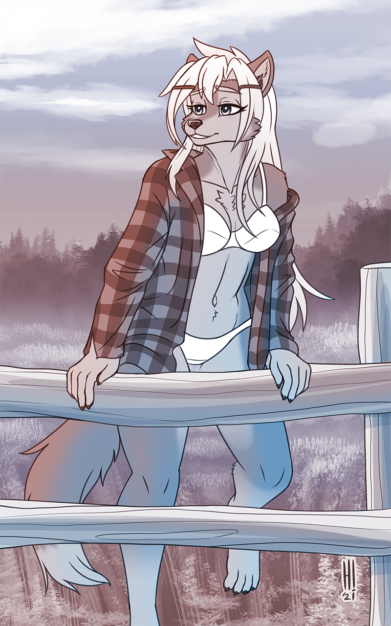 10:16 anthro blonde_hair bra breasts canid canine canis clothed clothing digital_media_(artwork) farm feet female fence flanel_shirt hair heresy_(artist) hi_res jensca mammal monochrome navel outside panties partially_clothed plant shirt solo topwear tree underwear wolf