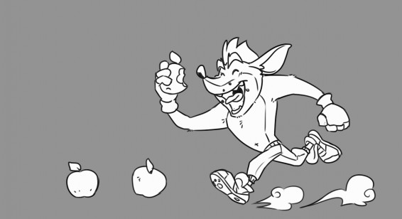 2021 activision anthro apple_(fruit) bandicoot biped bottomwear clothed clothing crash_bandicoot crash_bandicoot_(series) eating eclipsewolf eyes_closed humanoid_hands male mammal marsupial monochrome pants simple_background solo video_games