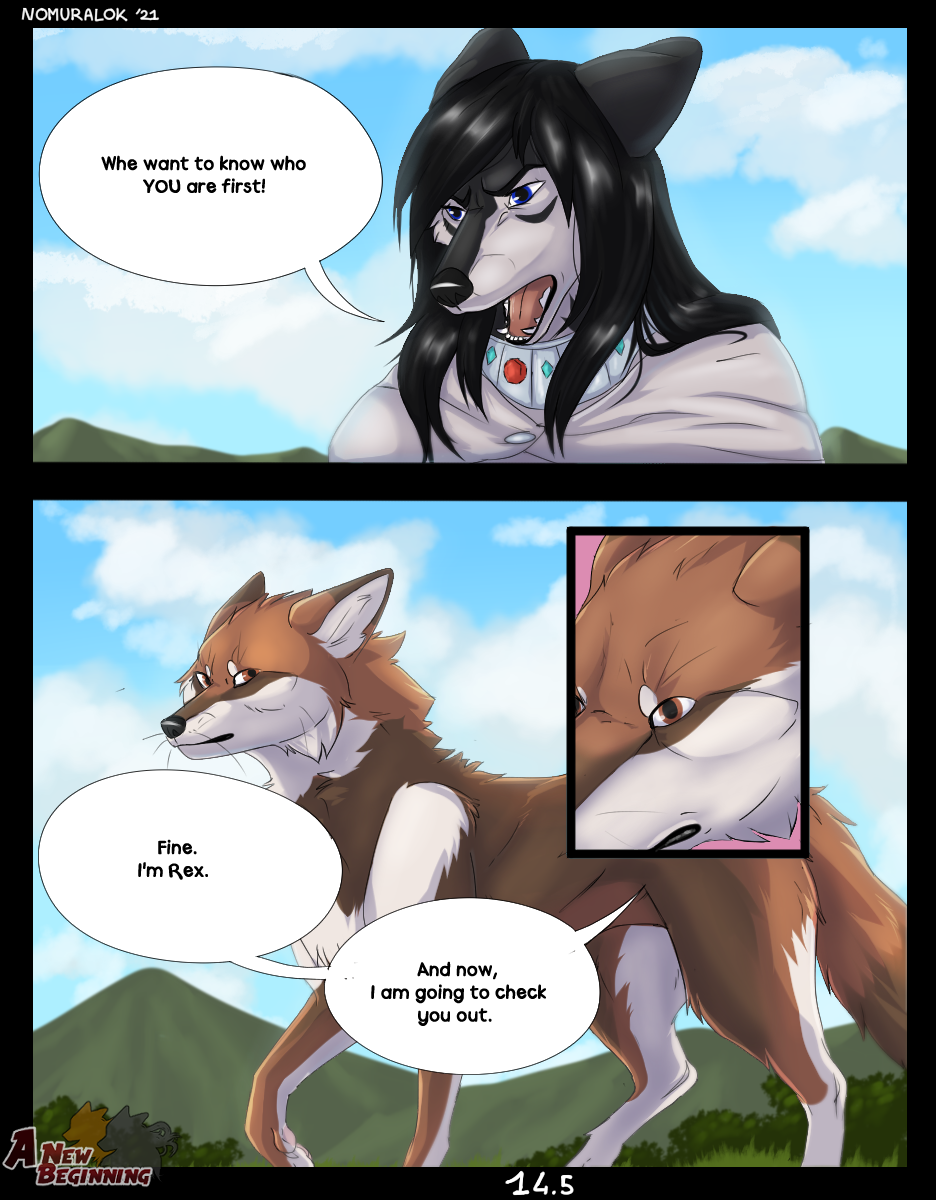 2021 ambiguous_gender anthro canid canine canis clothed clothing comic dialogue digital_media_(artwork) duo english_text feral fur hi_res maleherm_(lore) mammal nomuralok rex_(nomuralok) snow_(character) speech_bubble text wolf