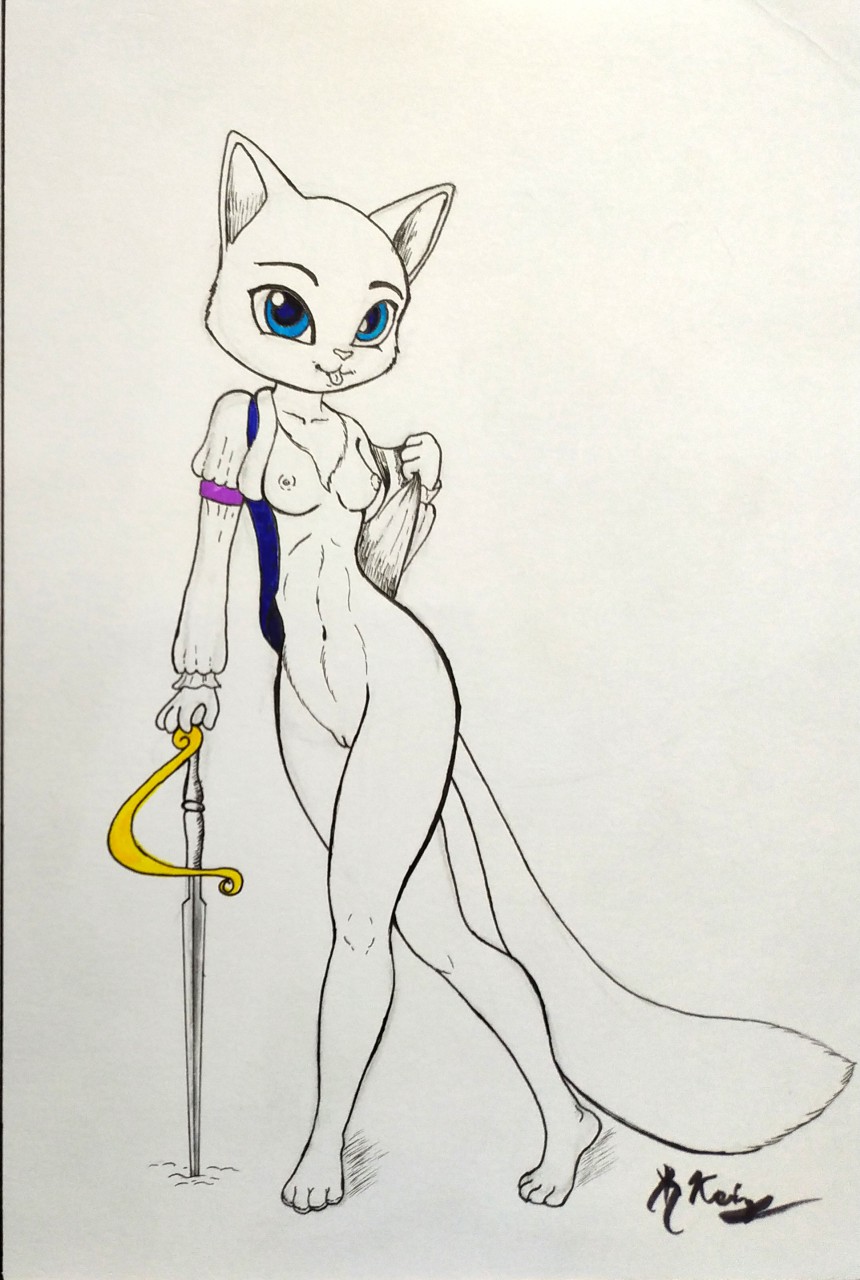 anthro blue_eyes breasts clothed clothing domestic_cat dreamworks dulcinea felid feline felis female fur genitals hi_res holding_object holding_weapon looking_at_viewer mammal melee_weapon mostly_nude nordicfuchs nude off_shoulder open_clothing open_shirt open_topwear pose pussy rapier shirt shrek_(series) simple_background smile solo standing sword the_adventures_of_puss_in_boots topwear undressing weapon white_body white_fur