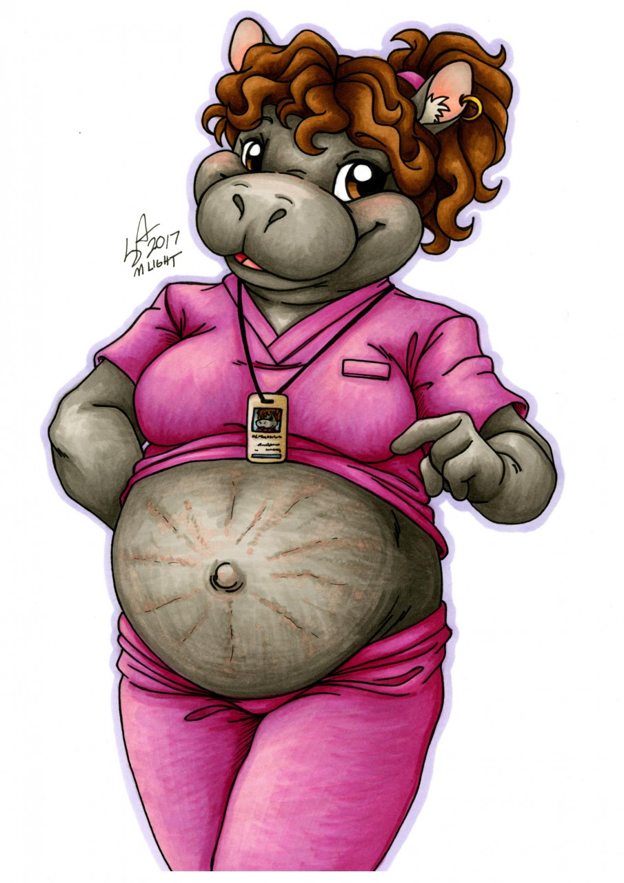 anthro belly big_belly common_hippopotamus ear_piercing ear_ring female hi_res hippopotamid mammal michele_light piercing pregnant scrubs solo