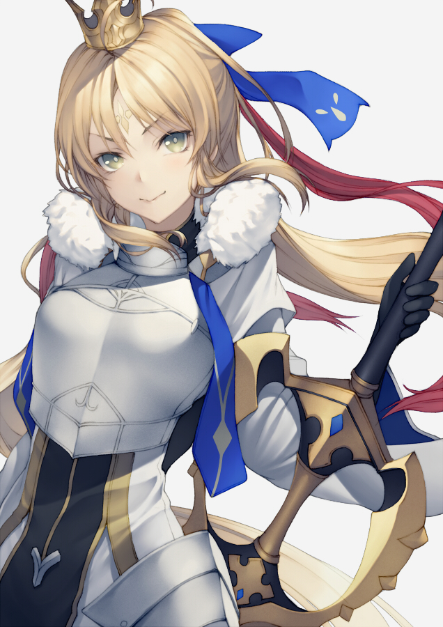 1girl armor artoria_pendragon_(caster)_(fate) artoria_pendragon_(fate) bangs banned_artist black_gloves blonde_hair blue_ribbon blush breastplate breasts crown dress elbow_gloves facial_mark fate/grand_order fate_(series) faulds forehead_mark fur_collar gloves green_eyes hair_ribbon kyoeiki long_hair long_sleeves looking_at_viewer ribbon small_breasts smile twintails weapon white_dress