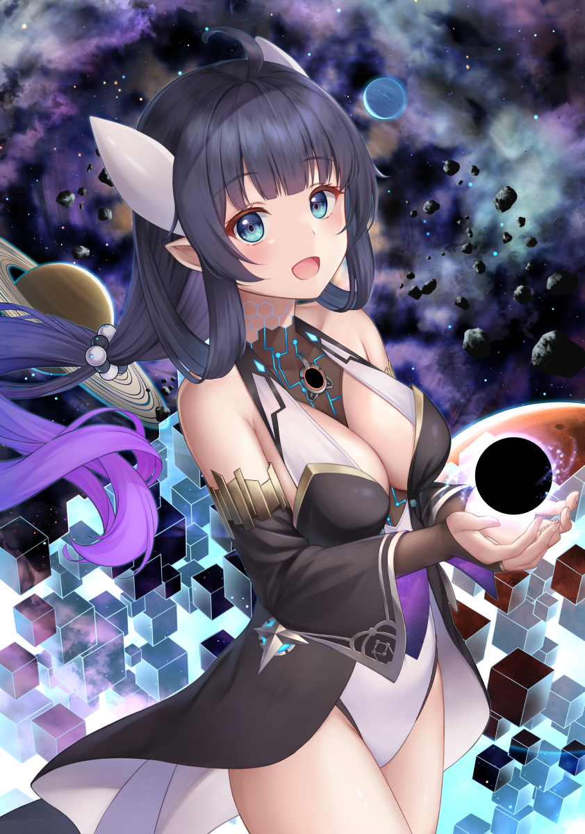 1girl :d ahoge asteroid bare_shoulders black_hair black_hole black_sleeves blue_eyes breasts bridal_gauntlets cleavage commentary_request cube detached_sleeves gradient_hair highres leotard long_hair long_sleeves looking_at_viewer medium_breasts multicolored_hair original partial_commentary planet pointy_ears purple_hair smile solo space very_long_hair white_leotard wide_sleeves yuririn_poi