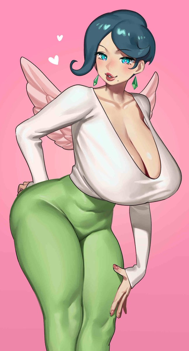 1girl blue_eyes blush breasts cleavage commission covered_navel cowboy_shot earrings gradient gradient_background green_legwear heart highres huge_breasts jewelry mole mole_under_mouth nia_(nia4294) original pantyhose parted_lips pink_background pink_feathers shadow shirt sleeves_past_wrists solo white_shirt wings