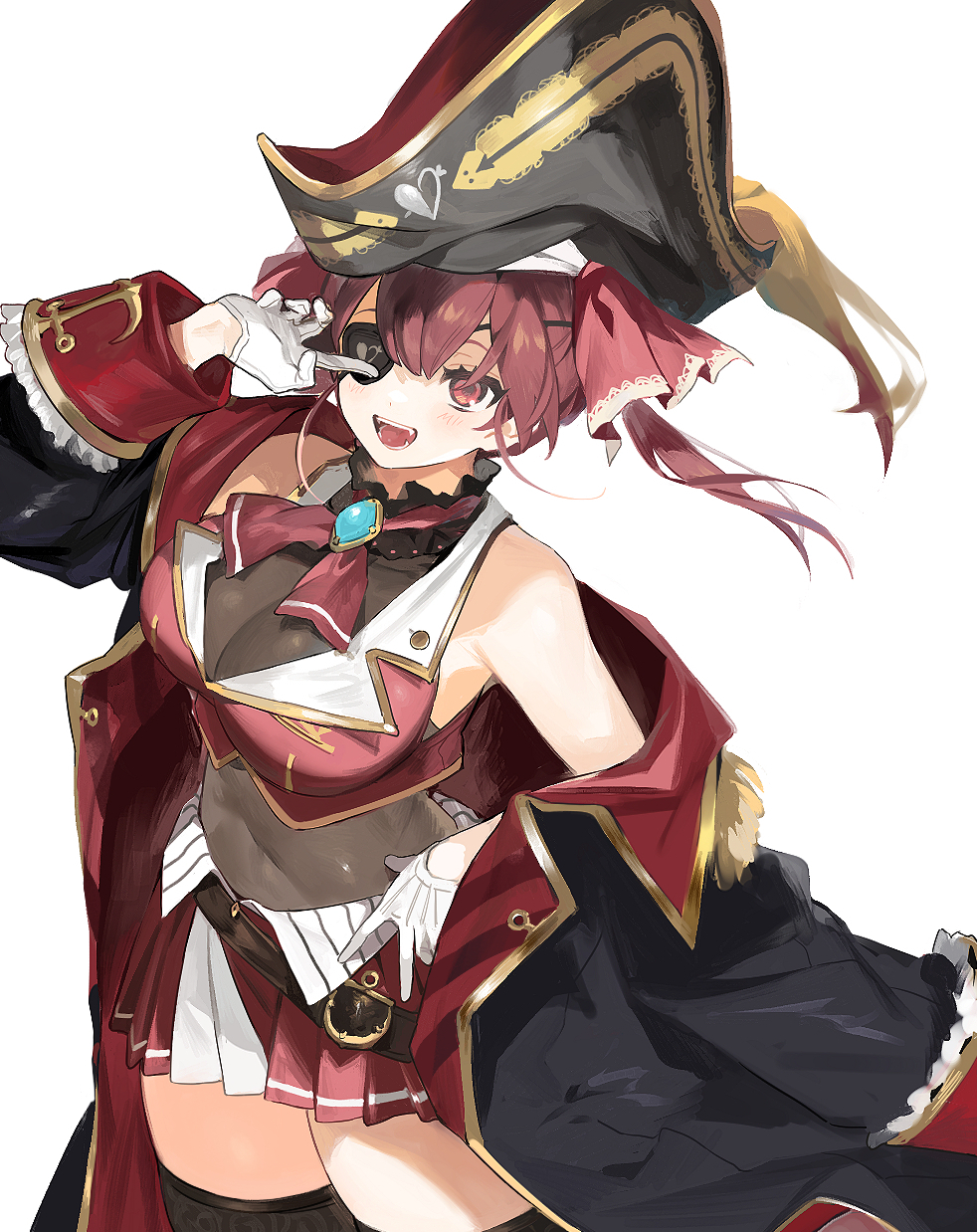 1girl :d ascot bare_shoulders belt bicorne black_coat black_eyepatch black_headwear black_legwear blush breasts brooch brown_belt coat commentary covered_navel cowboy_shot cropped_jacket eyepatch frilled_shirt_collar frills gloves gold_trim hair_ribbon hat highres hololive houshou_marine jacket jewelry lace-trimmed_legwear lace_trim large_breasts leather_belt leotard leotard_under_clothes long_hair looking_at_viewer lunch_(lunchicken) midriff miniskirt off_shoulder open_mouth pirate pirate_hat pleated_skirt pointing pointing_at_self red_ascot red_eyes red_hair red_jacket red_ribbon red_skirt ribbon sheer_leotard simple_background skirt sleeveless sleeveless_jacket smile solo thick_thighs thighhighs thighs twintails virtual_youtuber white_background white_gloves zettai_ryouiki