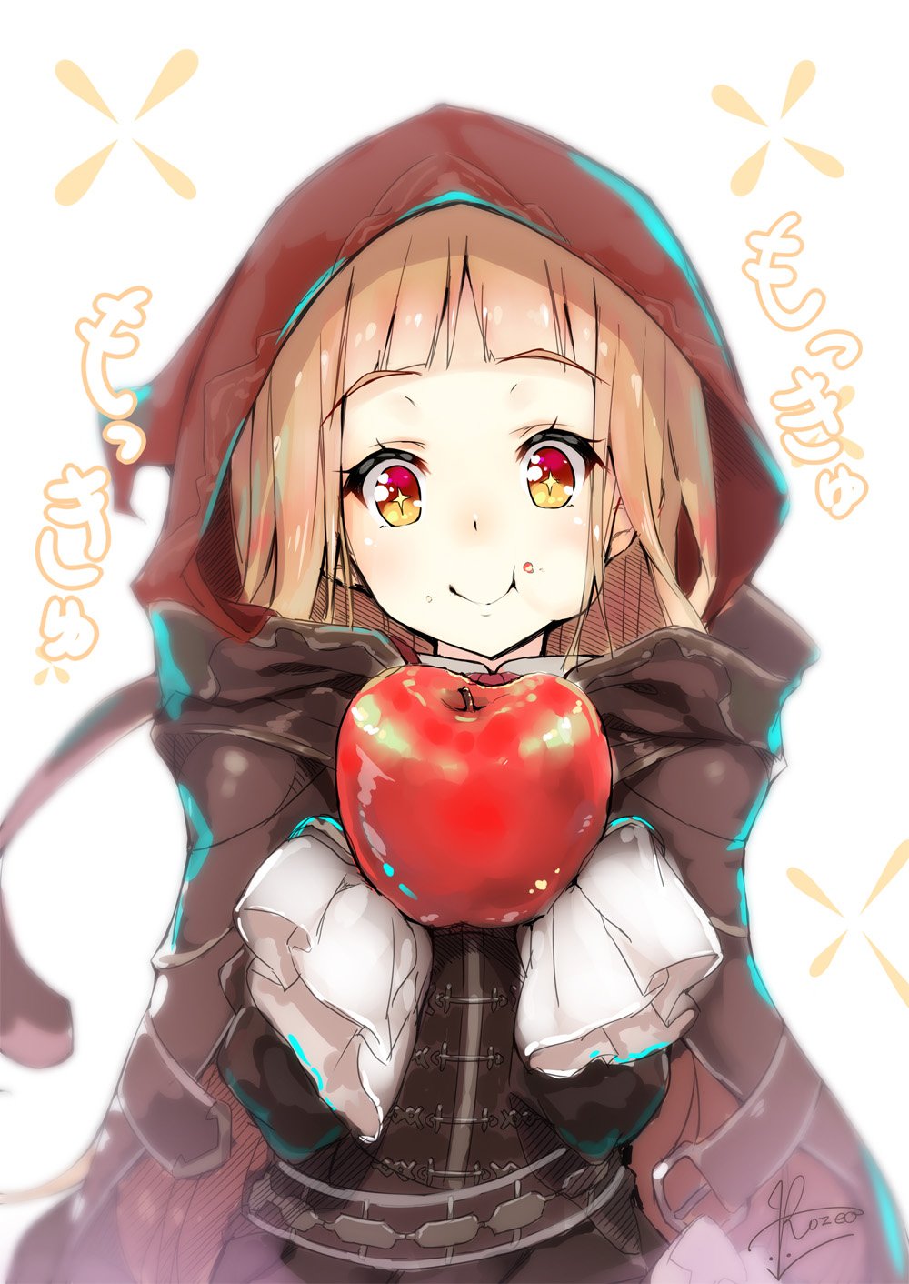 1girl apple bangs blonde_hair brown_dress dress eating food food_on_face fruit highres holding holding_food holding_fruit long_hair long_sleeves looking_at_food red_hood red_riding_hood_(sinoalice) rozea_(graphmelt) simple_background sinoalice white_background yellow_eyes