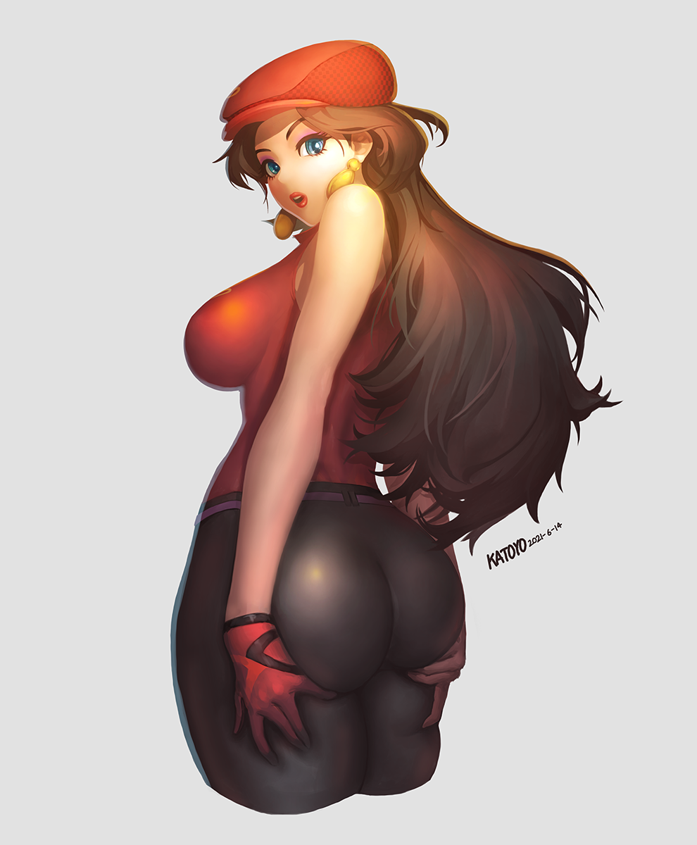 1girl arms_at_sides ass_support bare_shoulders belt black_pants blue_eyes breasts brown_hair cropped_legs curious deep_skin donkey_kong_(series) earrings eyelashes from_behind gloves grey_background hands_on_own_ass hat highres impossible_clothes impossible_shirt jewelry katoyo85 lipstick long_hair looking_at_viewer looking_back makeup mario_(series) mario_golf mascara pants parted_lips pauline_(mario) red_gloves red_headwear red_lips red_shirt shirt simple_background single_glove skin_tight sleeveless sleeveless_shirt solo tassel tassel_earrings