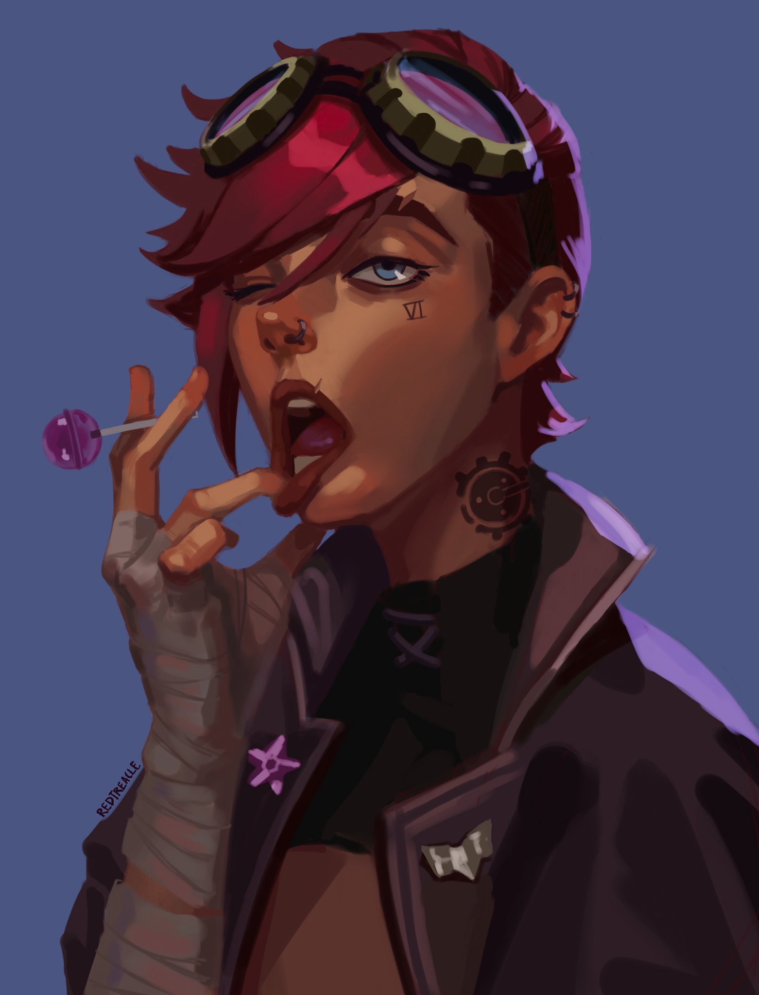 1girl arcane:_league_of_legends artist_name bandaged_arm bandaged_hand bandages bella_nalin_(redtreaclx) blue_background candy ear_piercing finger_in_mouth food goggles goggles_on_head hand_up highres holding holding_candy holding_food holding_lollipop jacket league_of_legends lip_pull lollipop nose_piercing one_eye_closed open_clothes open_jacket open_mouth piercing red_hair short_hair simple_background solo teeth tongue upper_body vi_(league_of_legends)