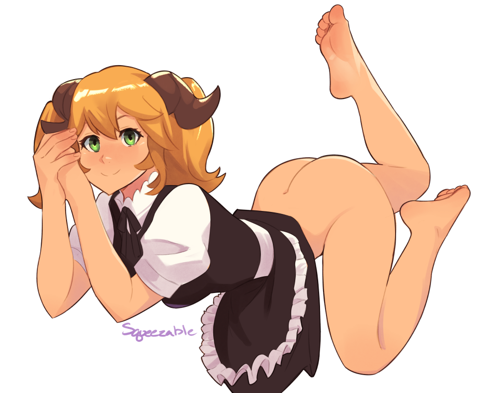 1girl aletta artist_name ass bangs barefoot blonde_hair bottomless commentary english_commentary feet frills full_body green_eyes hair_between_eyes horns isekai_shokudou long_hair looking_at_viewer maid own_hands_together puffy_short_sleeves puffy_sleeves short_sleeves simple_background smile soles solo squeezable_(artist) toes white_background