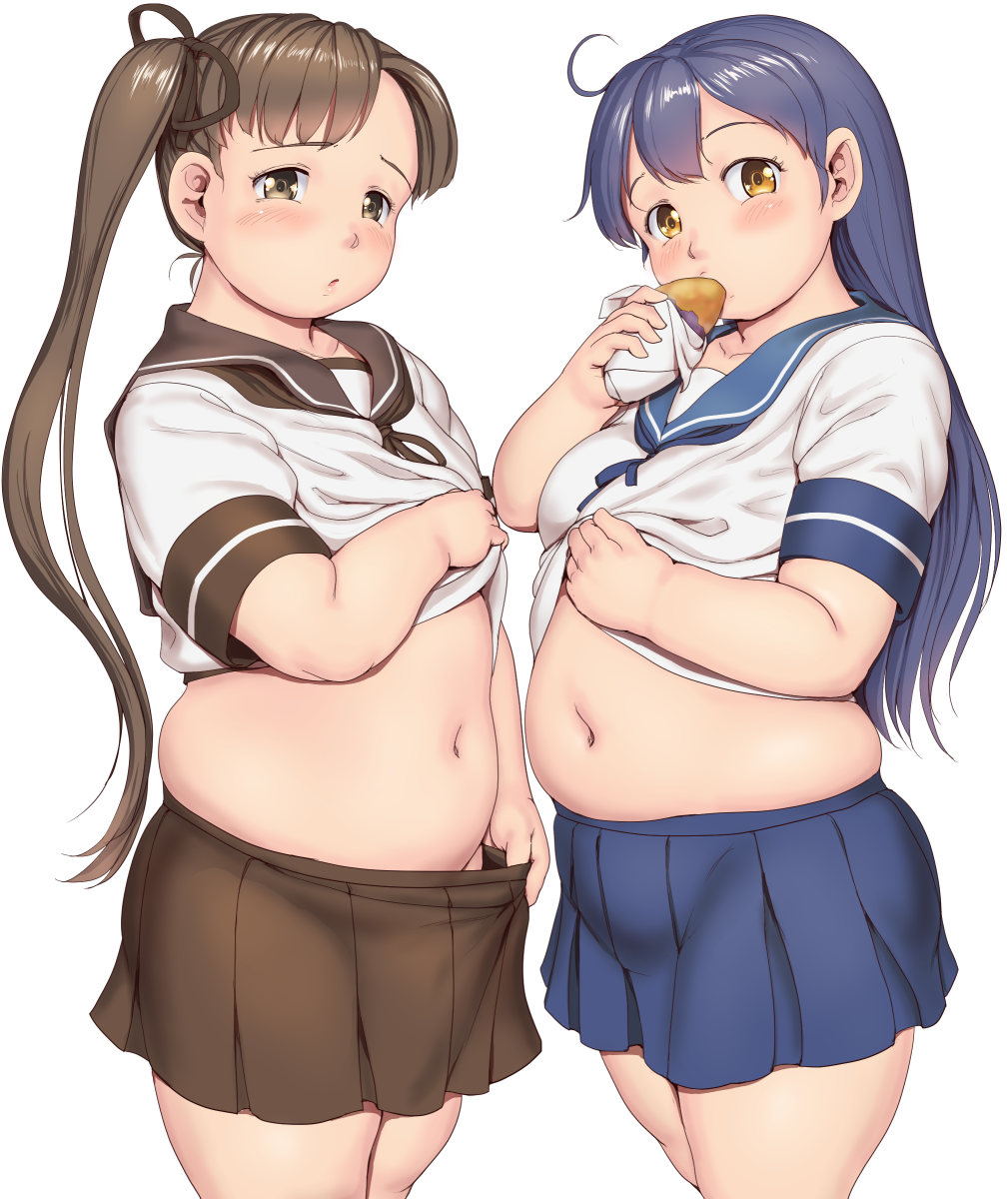 2girls ayanami_(kancolle) bangs blue_hair blue_skirt blush brown_eyes brown_hair brown_skirt clothes_lift collarbone commentary_request cowboy_shot eating fat food head_tilt highres holding holding_food kantai_collection lifted_by_self long_hair looking_at_viewer looking_to_the_side midriff muffin_top multiple_girls navel obese orizen parted_lips pleated_skirt plump sailor_collar shirt_lift short_hair_with_long_locks short_sleeves simple_background skirt tareme thick_arms ushio_(kancolle) white_background wrapper