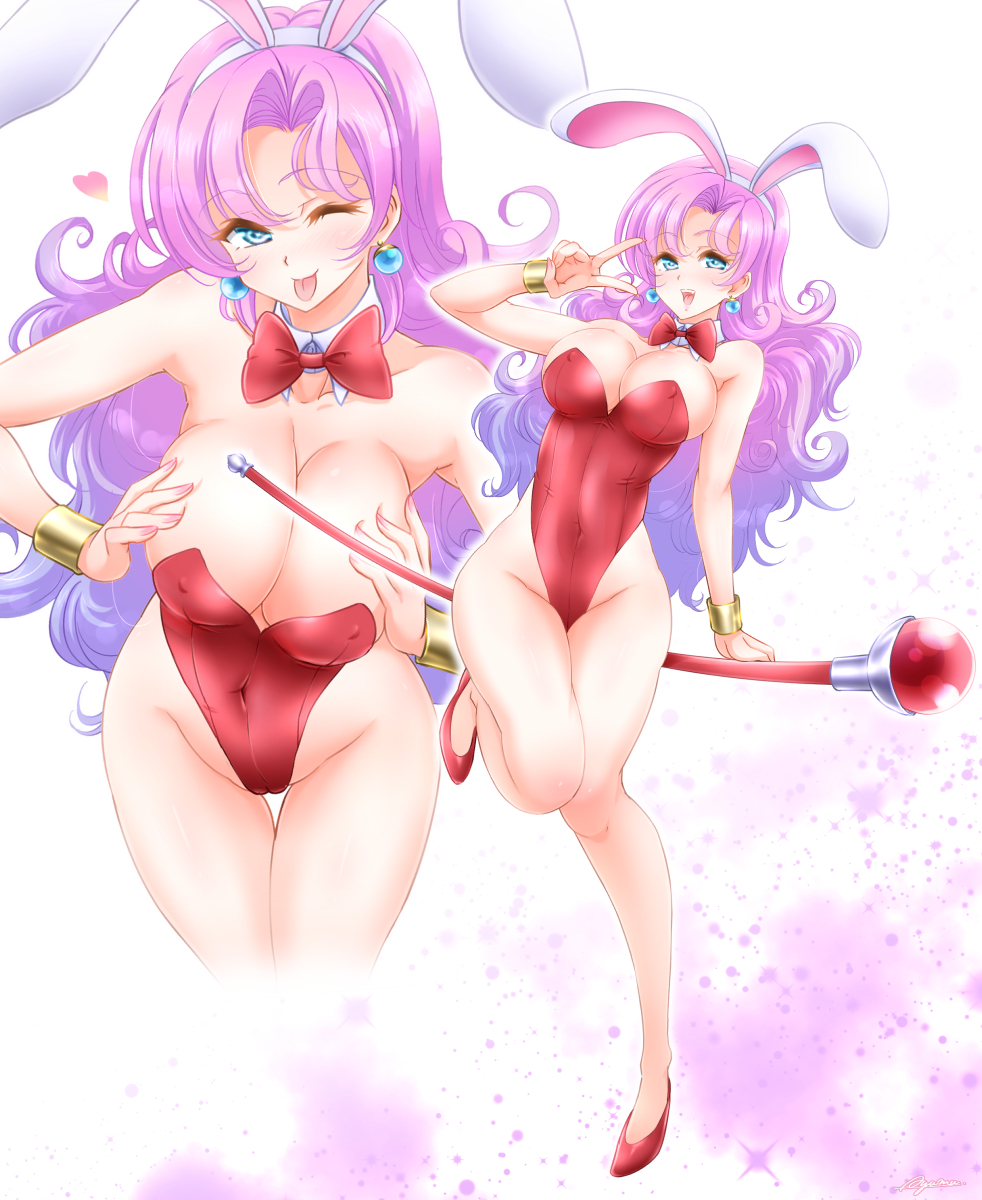 1girl animal_ears ayumu_(ayumumkrg) bare_legs bow bowtie breasts cleavage cowboy_shot detached_collar dragon_quest dragon_quest_iii dragon_quest_iv earrings full_body gradient_hair green_eyes high_heels highleg highleg_leotard highres jester_(dq3) jewelry large_breasts leaning_forward leotard long_hair looking_at_viewer multicolored_hair pantyhose playboy_bunny purple_hair rabbit_ears rabbit_tail red_bow red_bowtie red_footwear red_leotard solo sparkle_background staff strapless strapless_leotard tail tongue tongue_out vivian_(dq4) white_background wrist_cuffs