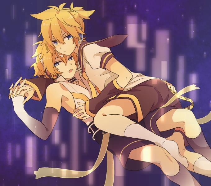 2boys akiyoshi_(tama-pete) bass_clef blonde_hair blue_eyes detached_sleeves dual_persona hand_on_another's_chest headphones holding_hands kagamine_len kagamine_len_(append) light_frown lying lying_on_person male_focus multiple_boys no_shoes on_back open_mouth pendant_choker purple_background sailor_collar short_sleeves shorts vocaloid vocaloid_append yellow_nails