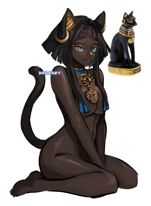1girl :3 animal_ears artist_name bangs bare_arms bare_hips bare_legs bare_shoulders barefoot bastet black_hair blue_eyes blue_hair blunt_bangs breasts cat cat_ears cat_girl cat_tail closed_mouth completely_nude convenient_censoring dark-skinned_female dark_skin earrings feet hair_censor jewelry kadeart knees_together_feet_apart looking_afar medium_breasts multicolored_hair navel necklace nude original short_hair sidelocks simple_background single_earring sitting slit_pupils smile solo statue streaked_hair tail tail_raised thighs two-tone_hair very_dark_skin wariza white_background