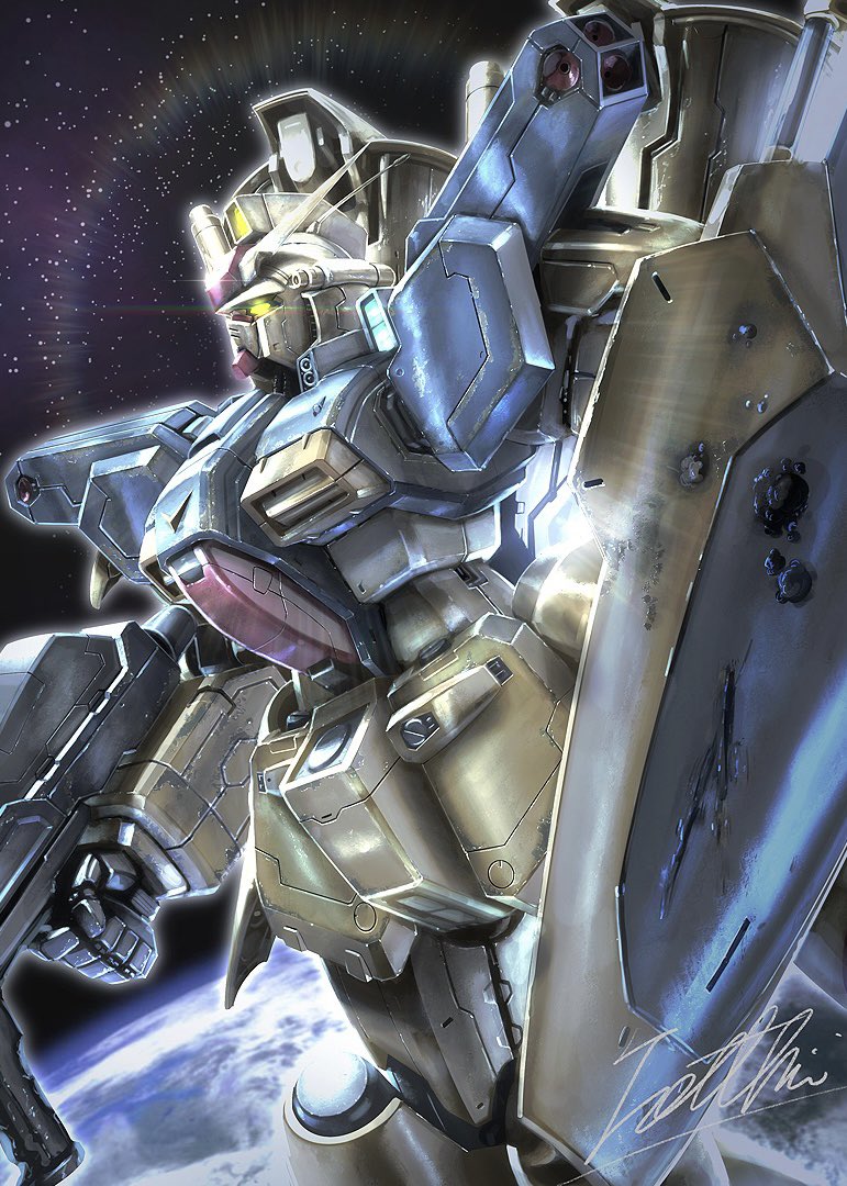 earth_(planet) from_side glowing glowing_eye gun gundam gundam_0083 gundam_gp-01_full_vernian_zephyranthes holding holding_gun holding_weapon mecha planet science_fiction shield solo space totthii0081 v-fin weapon yellow_eyes