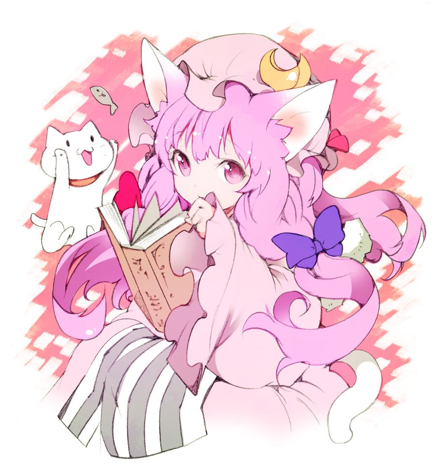 1girl animal_ears bangs blue_bow book bow cat cat_ears commentary crescent crescent_hat_ornament dress fish hair_bow hat hat_ornament hat_ribbon holding holding_book ichizen_(o_tori) kemonomimi_mode long_hair long_sleeves looking_at_viewer mob_cap one-hour_drawing_challenge patchouli_knowledge purple_eyes purple_hair red_ribbon ribbon solo striped striped_dress touhou white_cat white_dress wide_sleeves