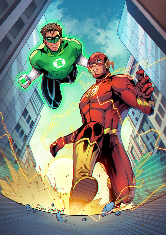 2boys barry_allen black_bodysuit blue_eyes bodysuit boots brown_hair city cloud day domino_mask electricity flying gloves green_bodysuit green_lantern green_lantern_(series) hal_jordan jewelry looking_at_another male_focus mask multiple_boys muscular muscular_male outdoors parted_lips red_bodysuit redrico ring short_hair sky superhero the_flash the_flash_(series) two-tone_bodysuit white_gloves