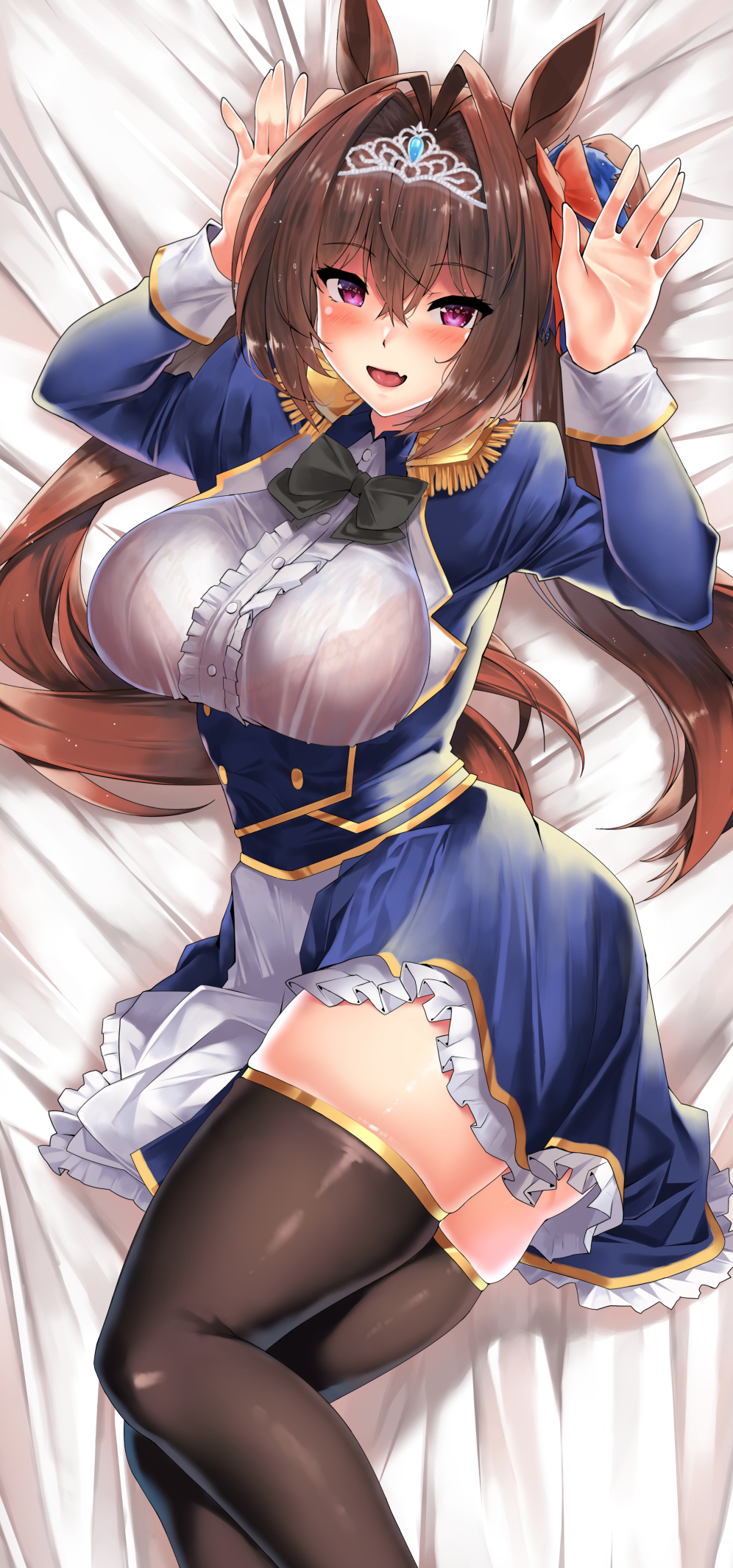 1girl animal_ears bangs black_bow black_legwear blue_dress blush bow bowtie breasts brown_hair daiwa_scarlet_(umamusume) dakimakura_(medium) dress epaulettes hair_bow hair_intakes hands_up highres horse_ears horse_girl horse_tail juliet_sleeves kawai large_breasts layered_skirt long_hair long_sleeves looking_at_viewer open_mouth puffy_sleeves red_bow red_eyes skirt smile tail thighhighs thighs tiara twintails umamusume underbust very_long_hair white_skirt