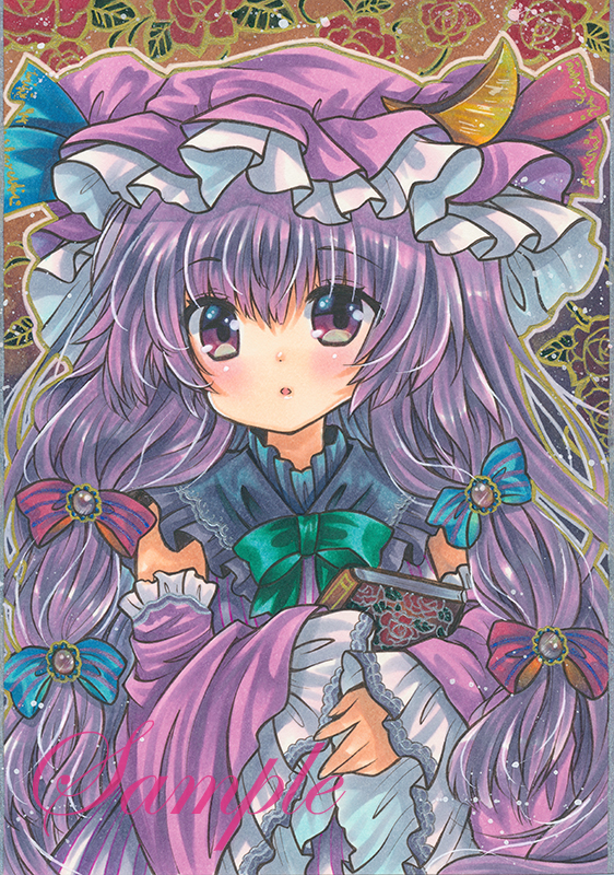 1girl :o alternate_costume book bow bowtie crescent crescent_hat_ornament detached_sleeves dress eyebrows_visible_through_hair floral_background flower frilled_hat frilled_sleeves frills green_bow green_bowtie hair_between_eyes hat hat_ornament holding holding_book long_hair looking_at_viewer marker_(medium) mob_cap open_mouth patchouli_knowledge pink_headwear pink_sleeves purple_eyes purple_hair red_flower red_rose rose rose_background rui_(sugar3) sample sleeveless sleeveless_dress sleeves_past_fingers sleeves_past_wrists solo striped striped_dress touhou traditional_media upper_body vertical_stripes