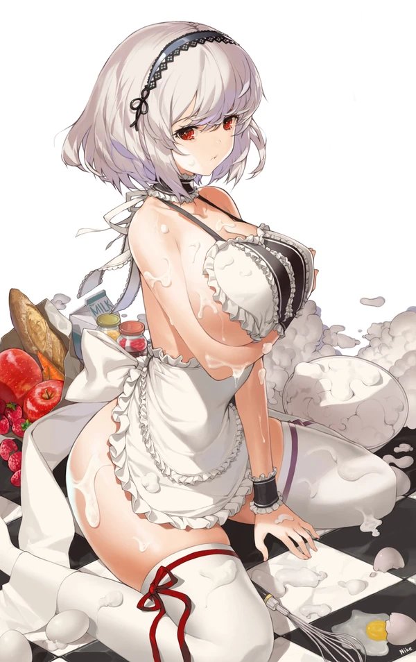 1girl accident apple apron arm_under_breasts azur_lane bag baguette bread breasts checkered checkered_floor commentary cream food frilled_apron frills fruit grocery_bag large_breasts looking_at_viewer maid_apron naked_apron nike_(nike1060) photoshop_(medium) red_eyes shopping_bag short_hair silver_hair sirius_(azur_lane) solo strawberry suggestive_fluid textless thighhighs translation_request white_legwear wrist_cuffs