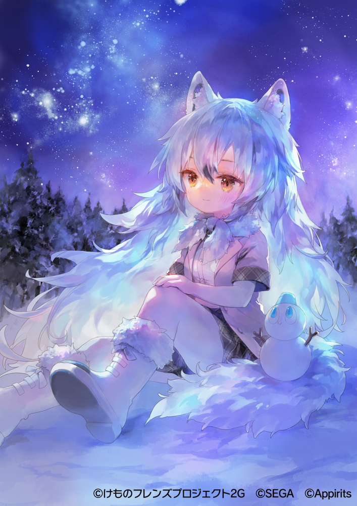 1girl 888myrrh888 animal_ears arctic_wolf_(kemono_friends) blue_hair blush boots bow bowtie coat commentary_request elbow_gloves eyebrows_visible_through_hair fur_trim gloves grey_coat grey_skirt kemono_friends kemono_friends_3 long_hair night night_sky official_art pantyhose plaid plaid_skirt plaid_trim pleated_skirt shirt short_sleeves sitting skirt sky snow snowman solo star_(sky) tail translation_request white_bow white_bowtie white_footwear white_fur white_gloves white_hair white_legwear white_shirt winter winter_clothes winter_coat wolf_ears wolf_girl wolf_tail yellow_eyes